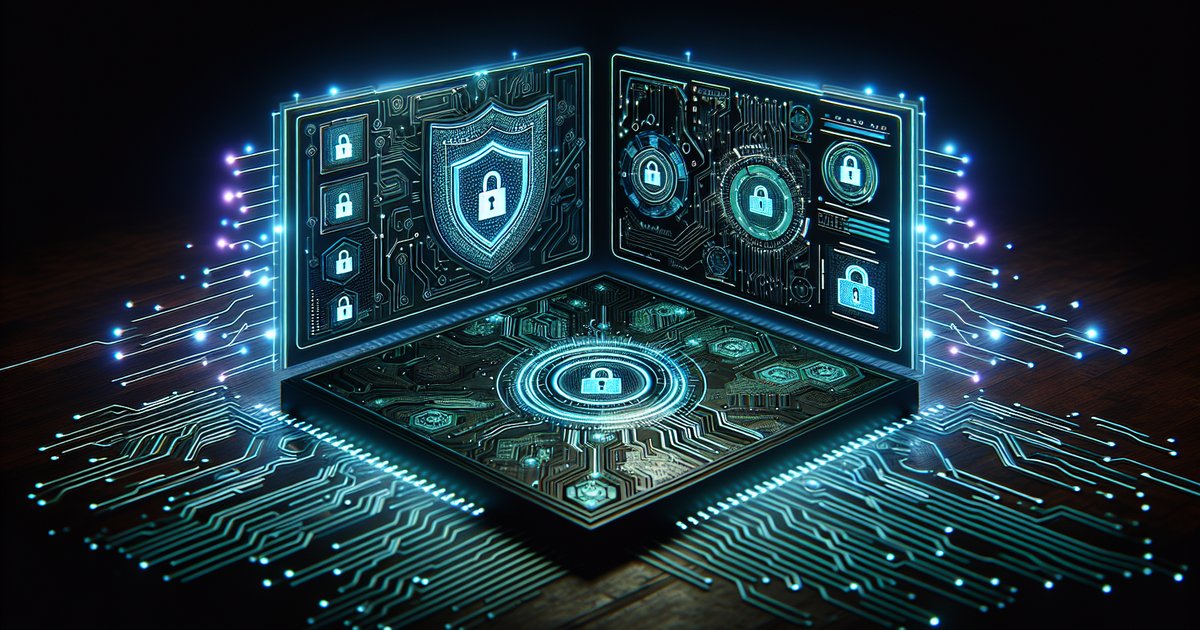 Modern cybersecurity dashboard with shield emblem, circuit board patterns, and lock symbols in cyan and violet neon