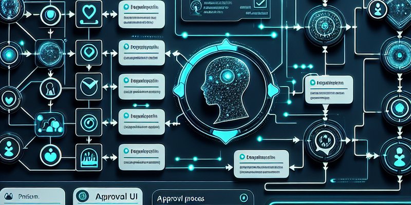 Decision tree showing human and AI collaboration with approval process flow and professional dashboard interface