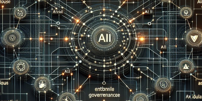 Enterprise network diagram with interconnected nodes showing AI agents with safety protocols and governance structure